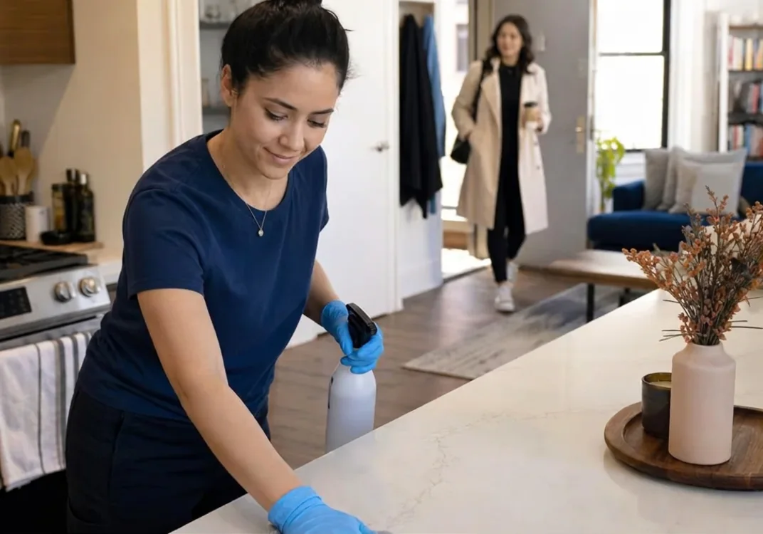 A professional cleaner wiping a kitchen counter while the customer heads out