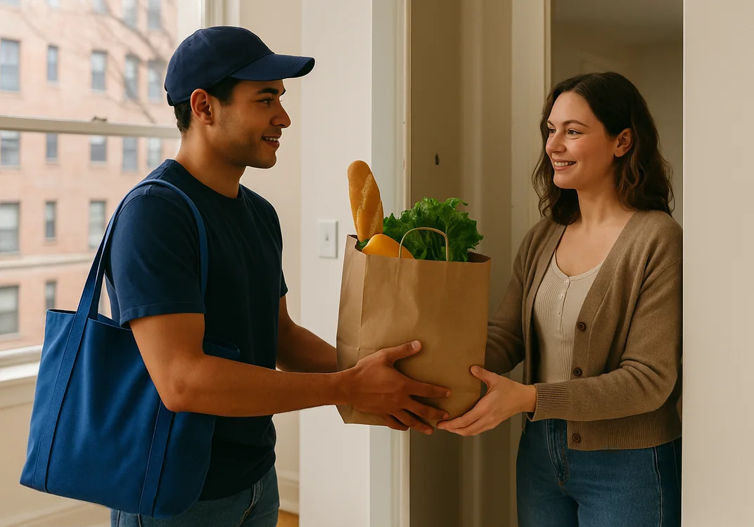 An errand runner handing groceries and a package to a customer at the door