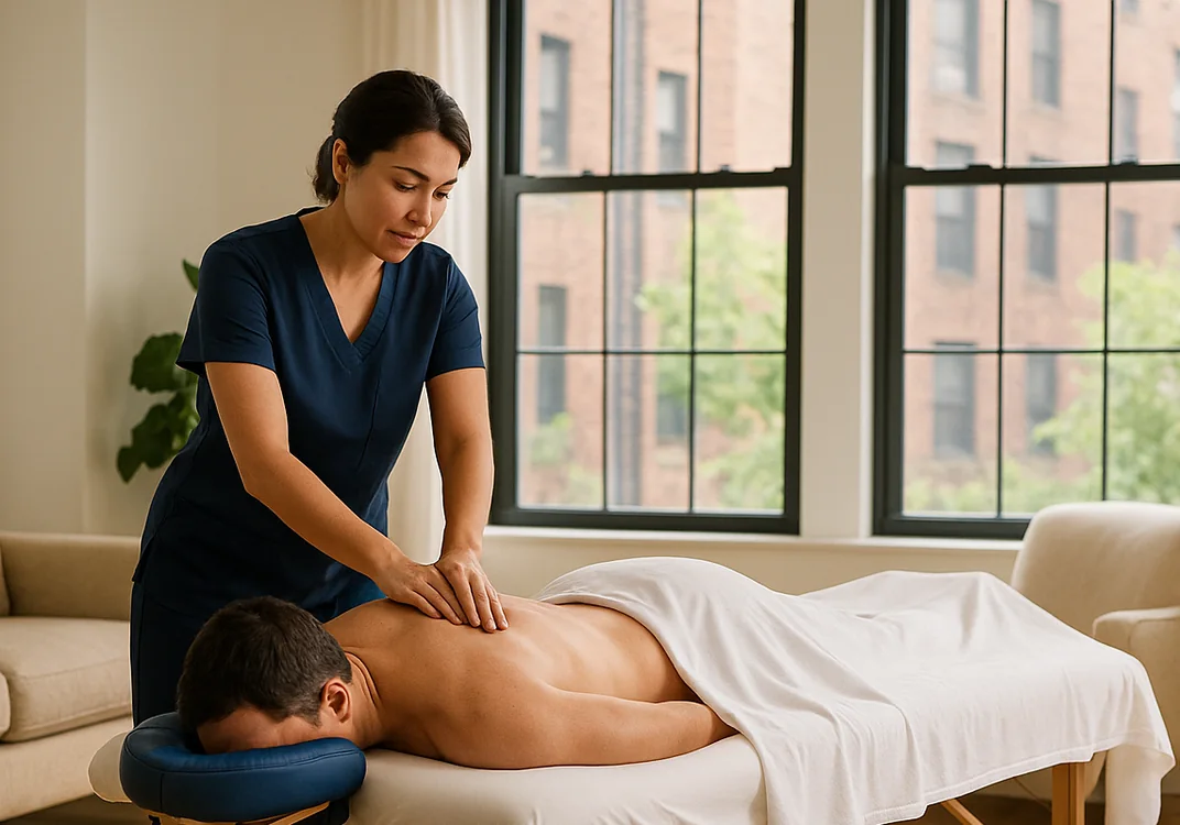 A professional massage therapist providing an in-home back massage in a bright apartment